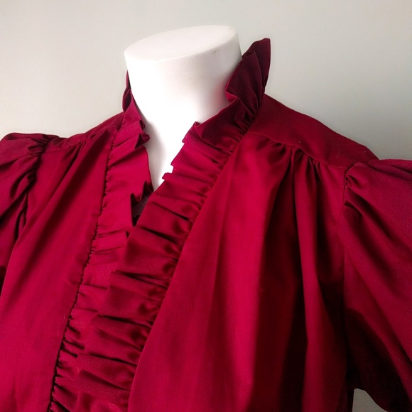 Vintage 1970s Boho Wine Huge Puff Balloon Sleeve Ruffle Blouse Shirt M v-day - Picture 3 of 7